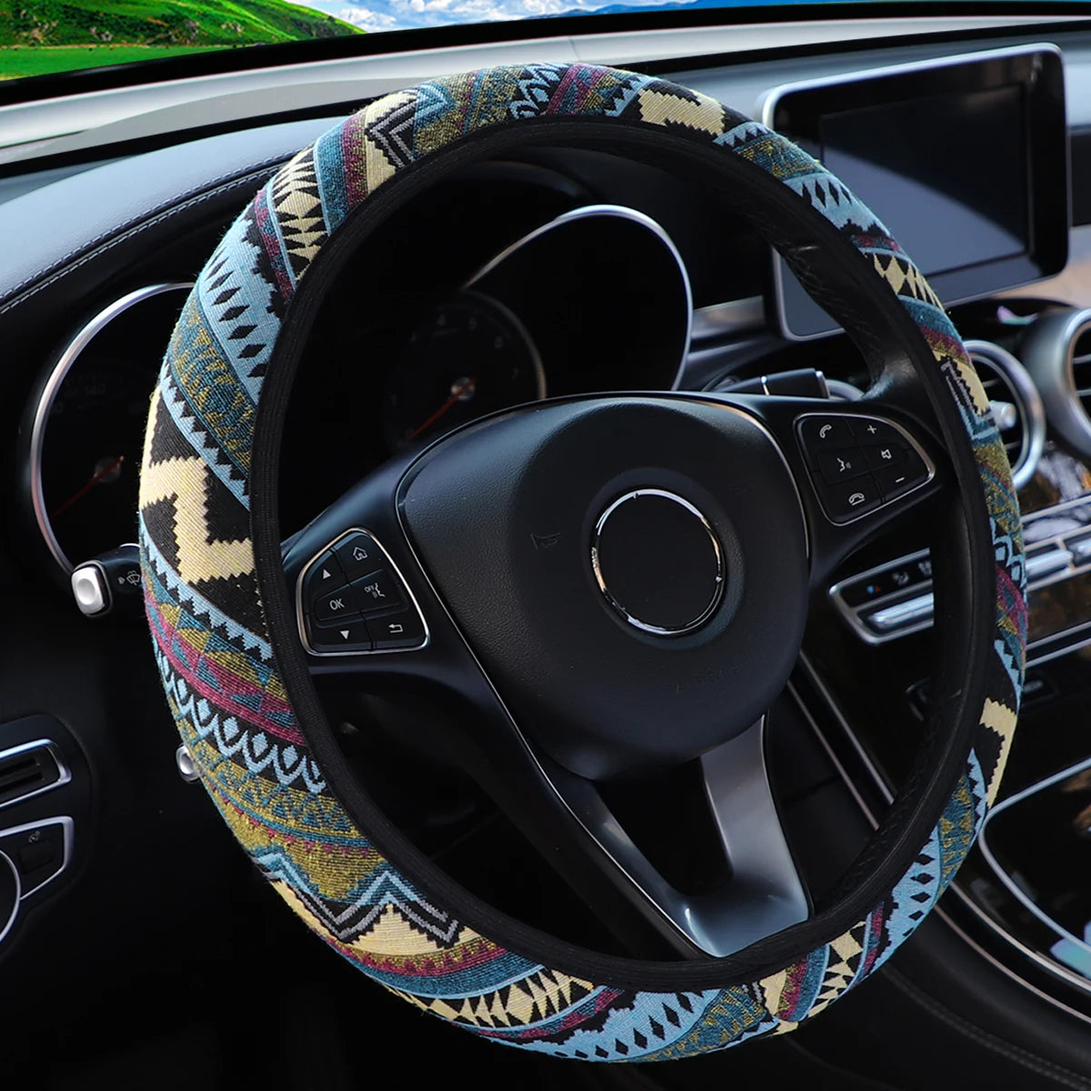 Linen Steering Wheel Cover Fits 14.5-15 Inches lifestyle view