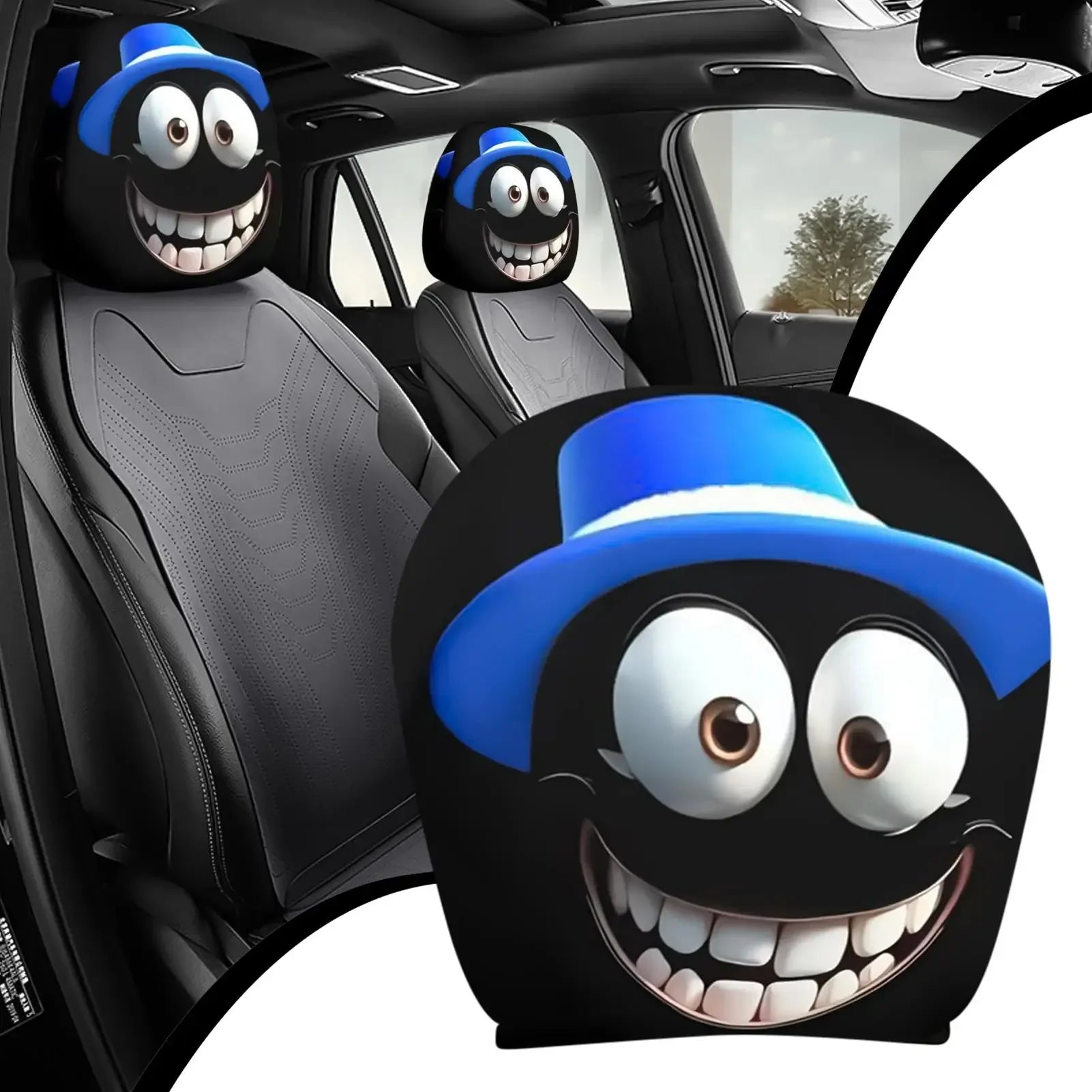 2PC Exaggerated Funny Car Headrest Covers Set, Cartoon Face Expression Auto Seat Protectors, Cool No