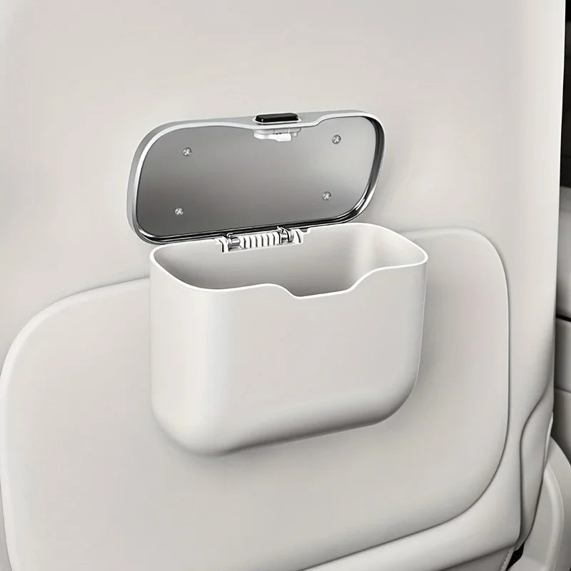 Car Trash Can with Lid Button | PU Leather Hanging Auto Interior Organizer close-up view