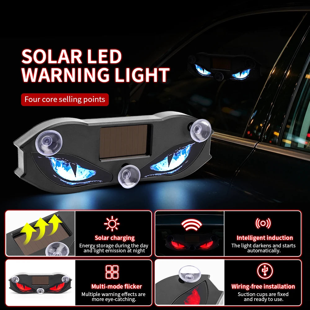 New Solar Devil Eye Warning Light LED Car Ambient Lighting Windshield Solar Type-C Cha close-up view