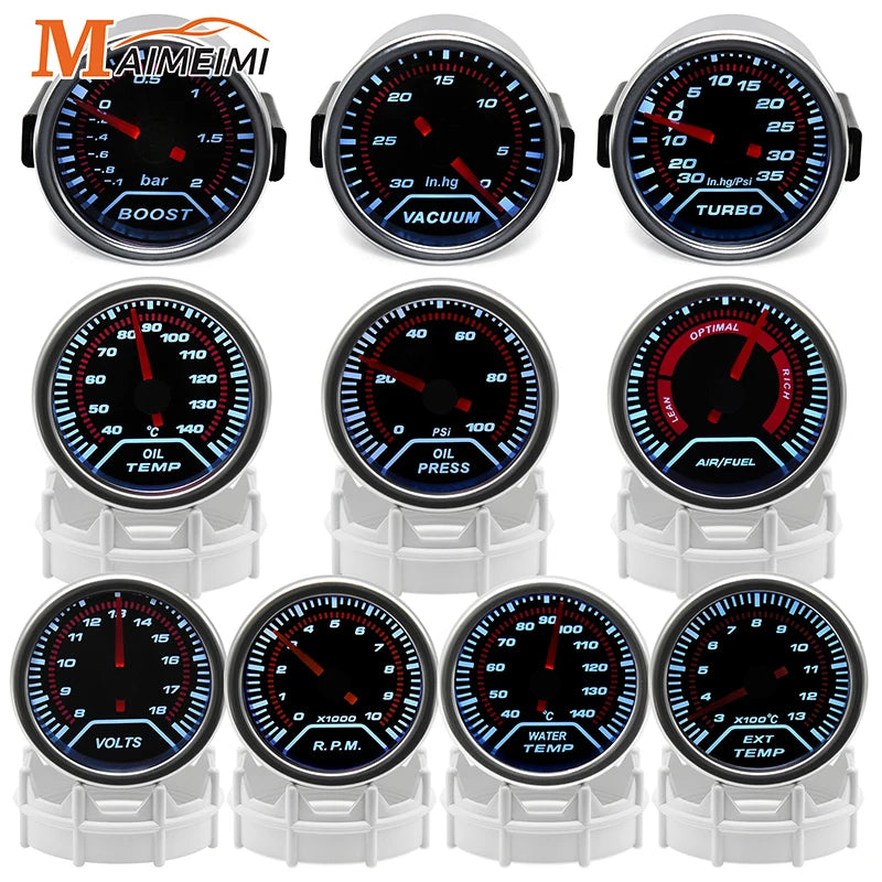 52mm Car Racing Gauge Set | Tachometer Oil Pressure Turbo Bar Water Temp EGT Voltmeter