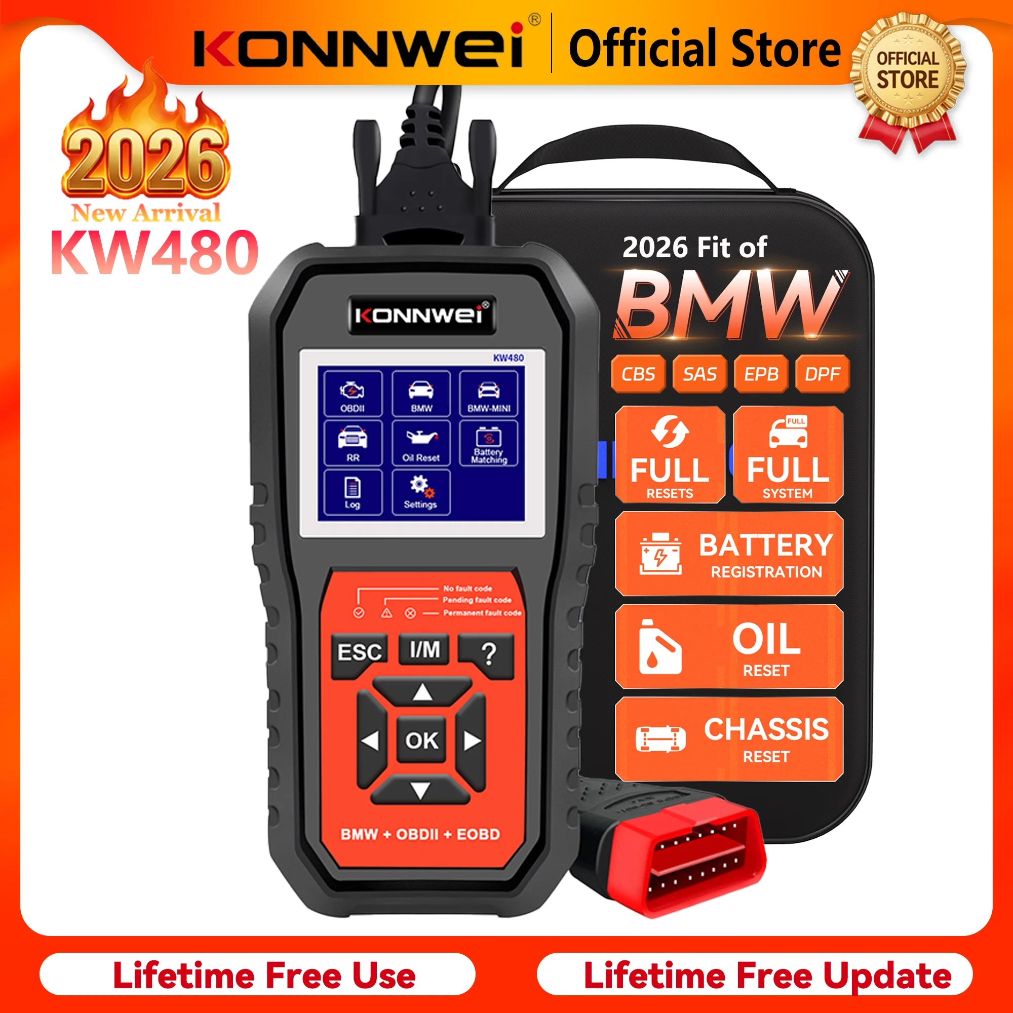 2026 KONNWEI KW480 Full System OBD2 Scanner | BMW Diagnostic Tool with Oil Reset, Airbag, ABS, DPF,
