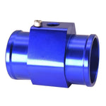 Blue and Black Aluminum Water Temp Gauge Adapter | 26-40mm Radiator Hose Sensor Pipe f close-up view
