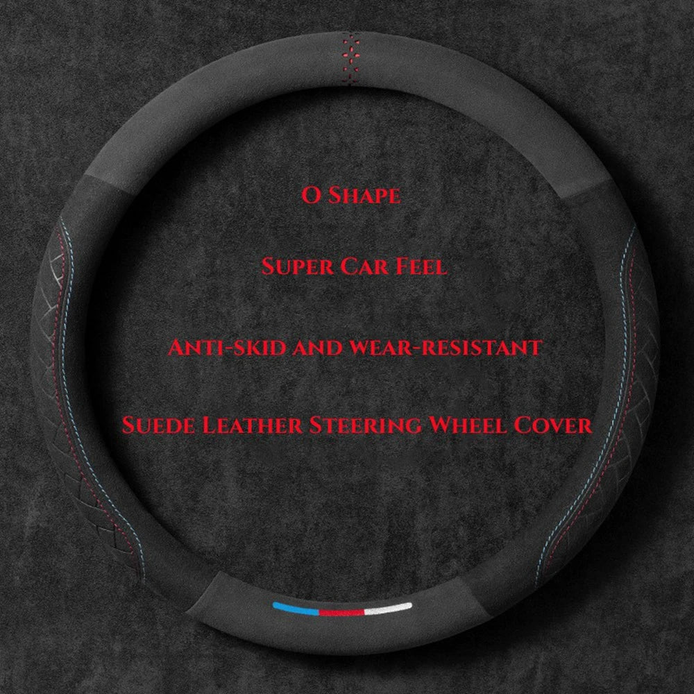 Car Steering Wheel Cover Wrap Suede Leather Breathable Anti Slip Universal 37-38cm Steering Covers D