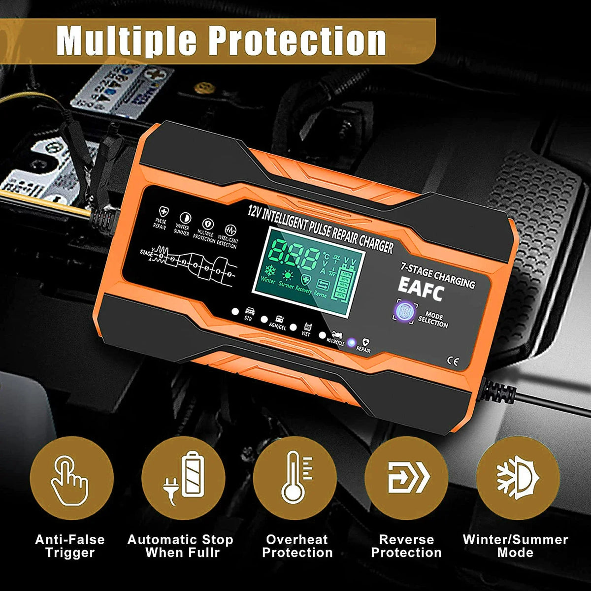 EAFC 240W Smart Car Battery Charger 12V 12A Charge for Car Batteries 7-Stage Charging Pulse Repair for AGM GEL WET Lead Acid