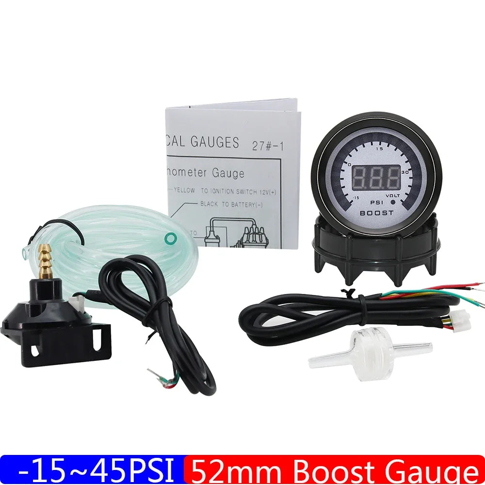 52mm Turbo Boost Gauge | Universal Car Turbo Meter with Sensor for Gasoline 12V close-up view