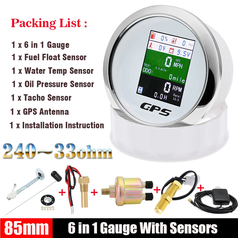 85mm 6 in 1 GPS Speedometer and Tachometer | Digital Gauge with Oil Pressure, Water T alternate view
