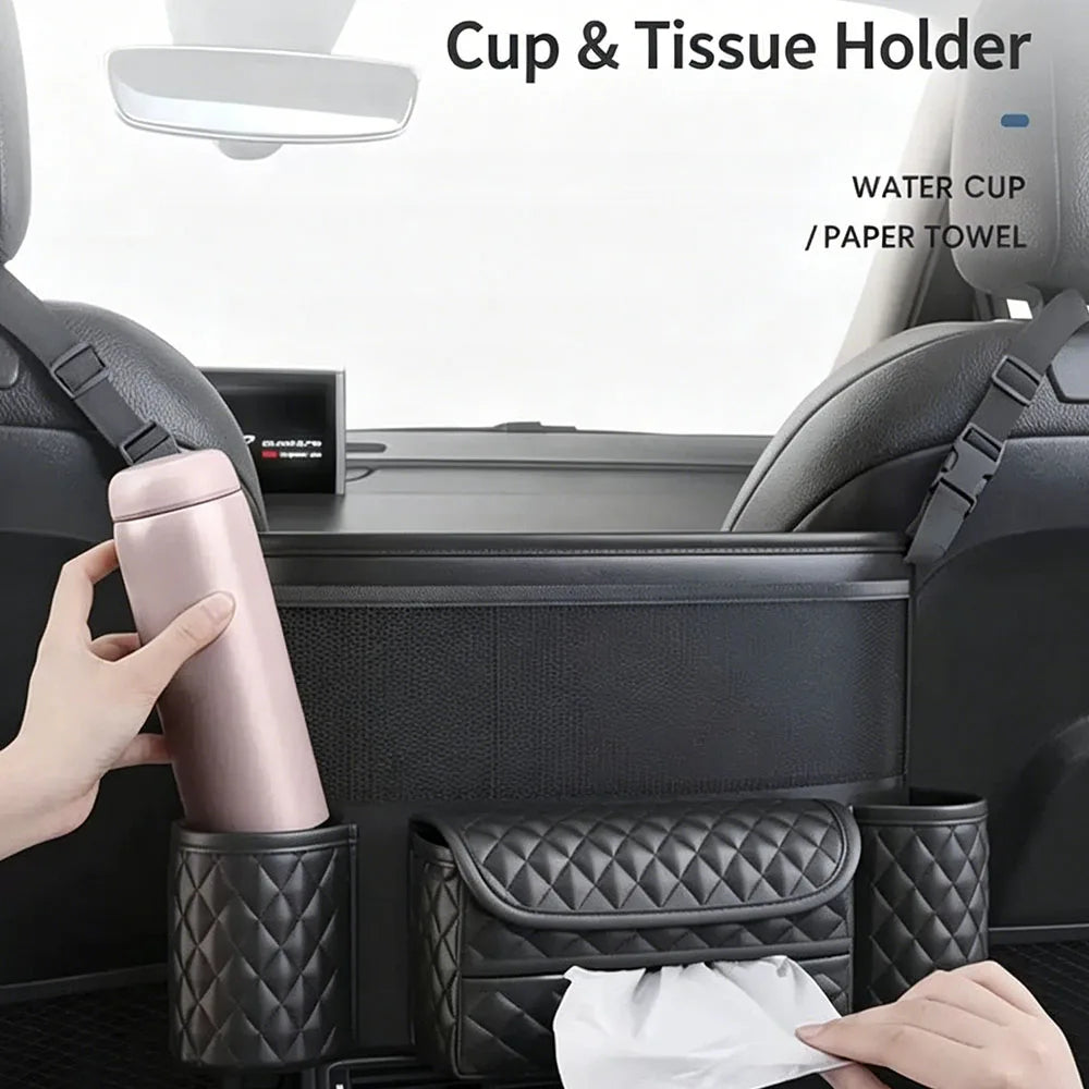 Car Storage Bag Nappa Leather Car Storage Bag between the Center Console and Seat Back close-up view