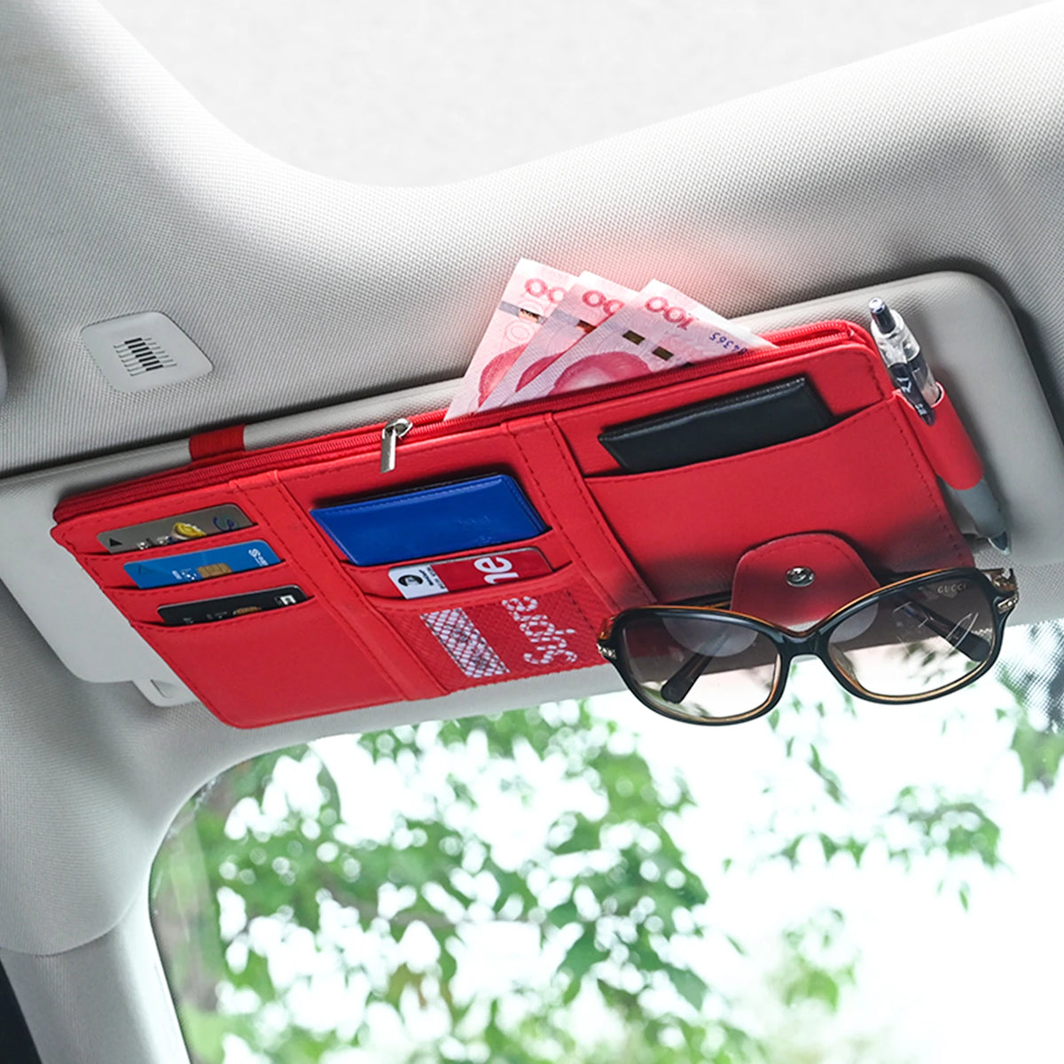 JFBONIN Car Sun Visor Organizer Storage Box with Sunglasses Clip Business Card Holder Bi detail view