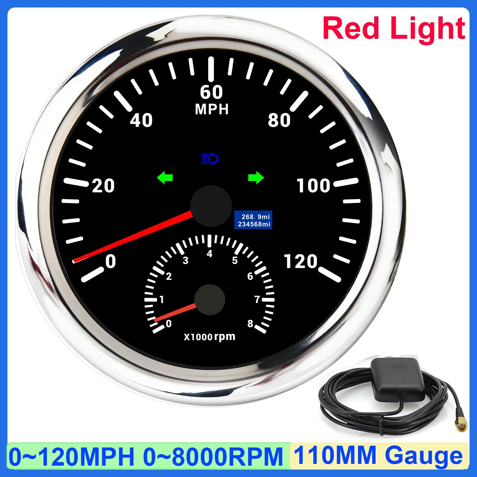 GPS Speedometer and Tachometer Combo | 2 in 1 110mm Gauge with GPS Antenna close-up view