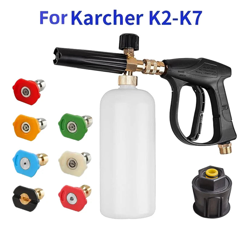 High Pressure Car Wash Gun with 1L Foam Sprayer | 5 Nozzles & M22-14 Adapter for Karcher K-Series