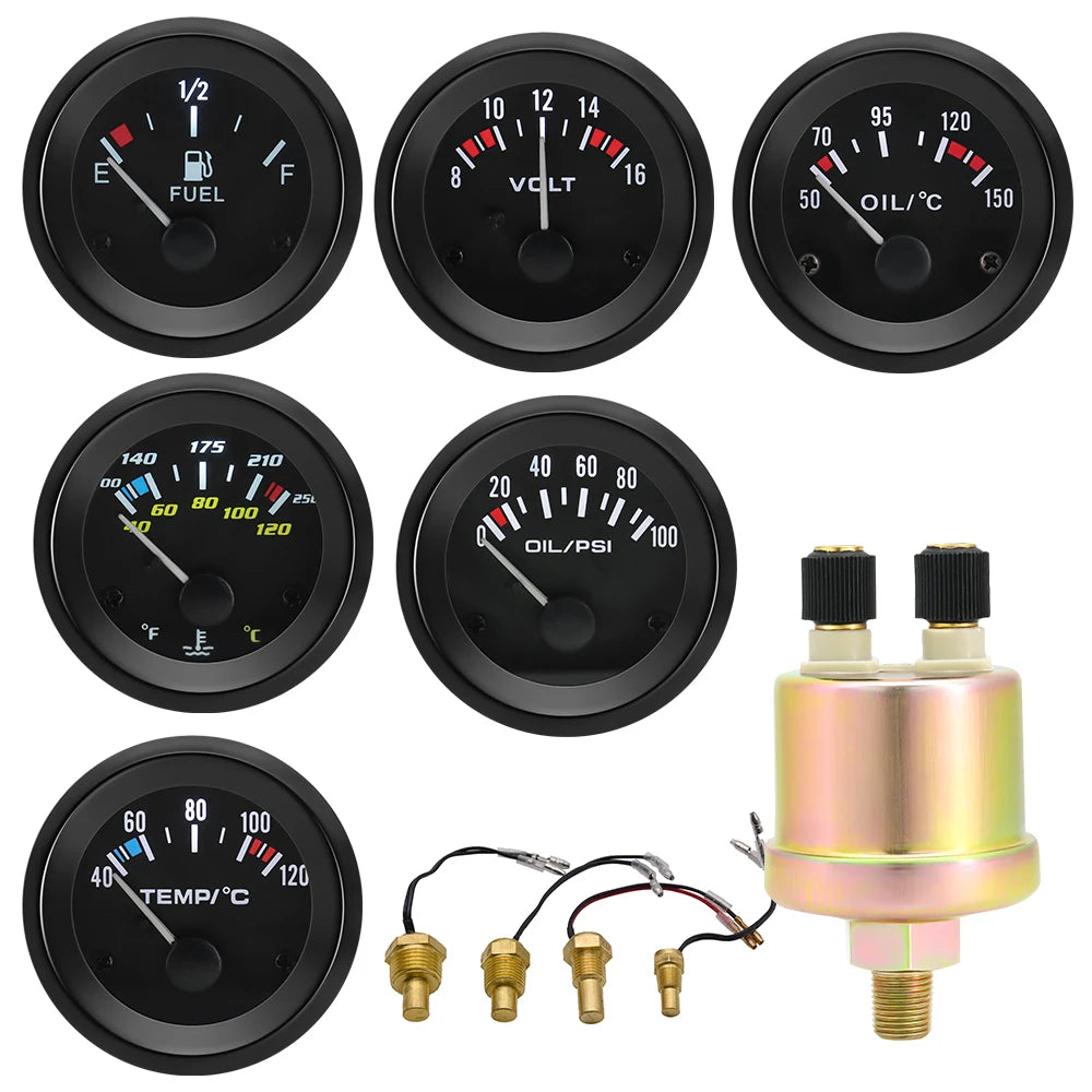 52mm Auto Gauge Kit with Sensor | LED Digital Oil Temp, Water Temp, Oil Pressure, Fuel Level for 12V
