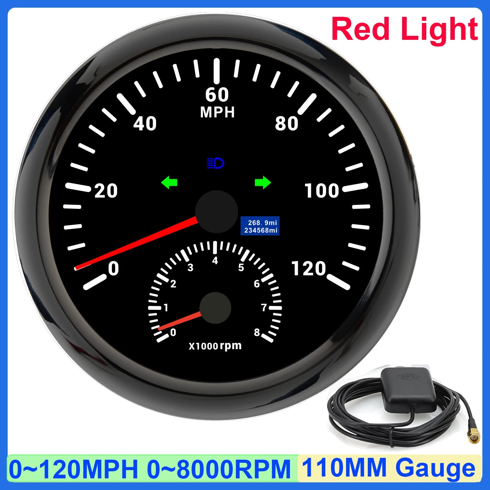 GPS Speedometer and Tachometer Combo | 2 in 1 110mm Gauge with GPS Antenna detail view