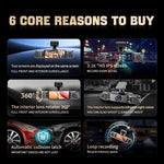 BCUOZ 4-Lens 360° Dashcam, 1080P Front + 720P Built-in Rear Left and Right car cameras, Super night vision, Loop recording, G-Sensor, WDR, 12-24V car plug power supply,Optional 64GB memory card.
