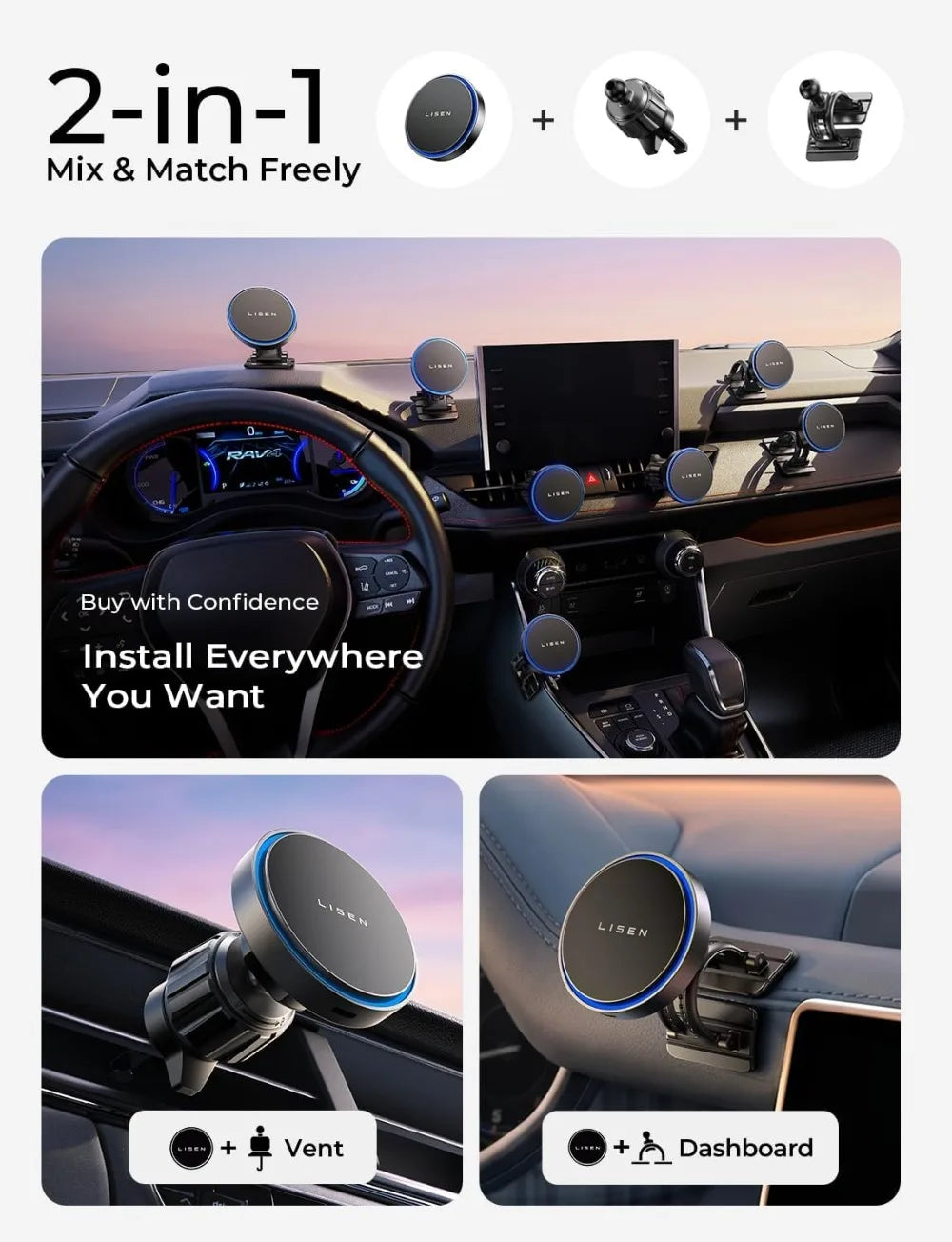 15W MagSafe Car Mount Charger, Magnetic Wireless Car Charger for iPhone 17-12, Samsung, Pixel, Car Phone Holder for Jeep Ford F150, Gifts