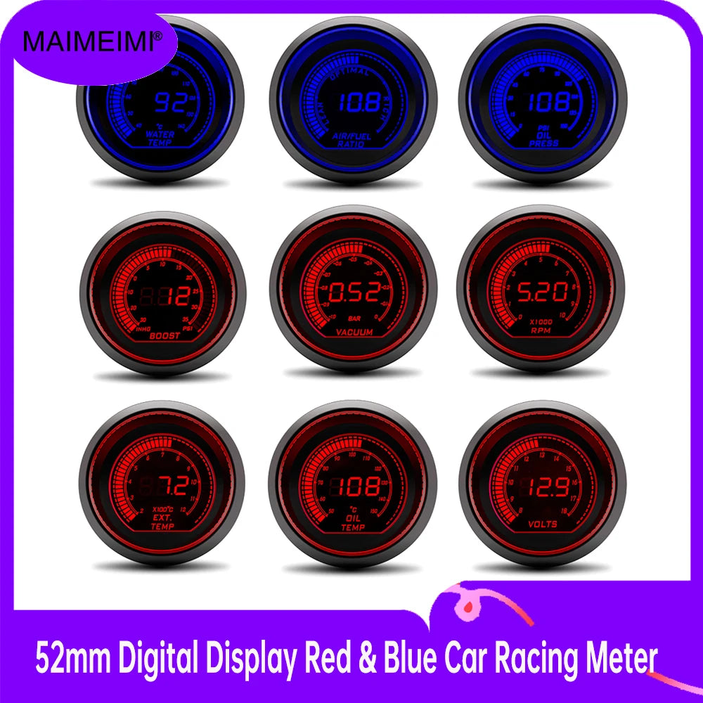 52mm Digital Display Turbo Boost Gauge | PSI Water Oil Temp Oil Pressure Voltmeter Tachometer