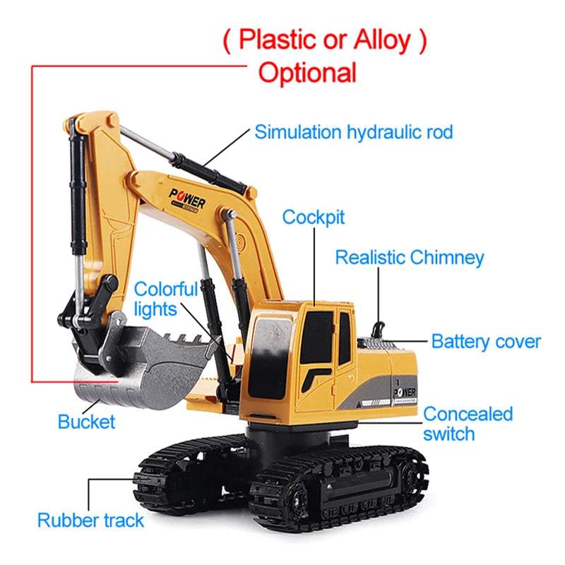 RC Excavator 2.4Ghz 6 Channel 1:24 RC Engineering Car Alloy And Plastic Excavator Boy close-up view
