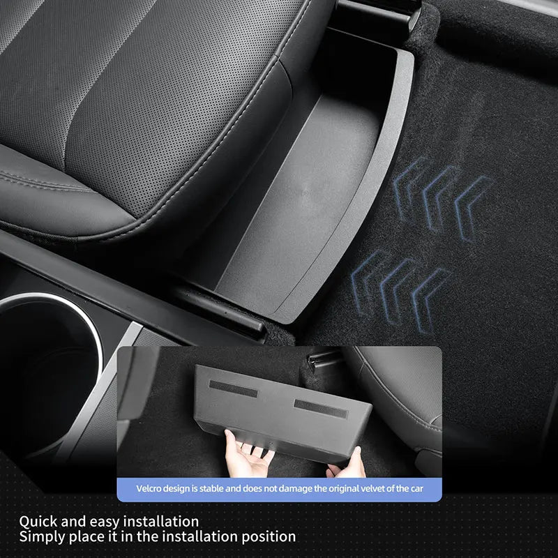 Front Row Under Seat Storage Box for Tesla Model Y 2025 Juniper | TPE Car Organizer lifestyle view