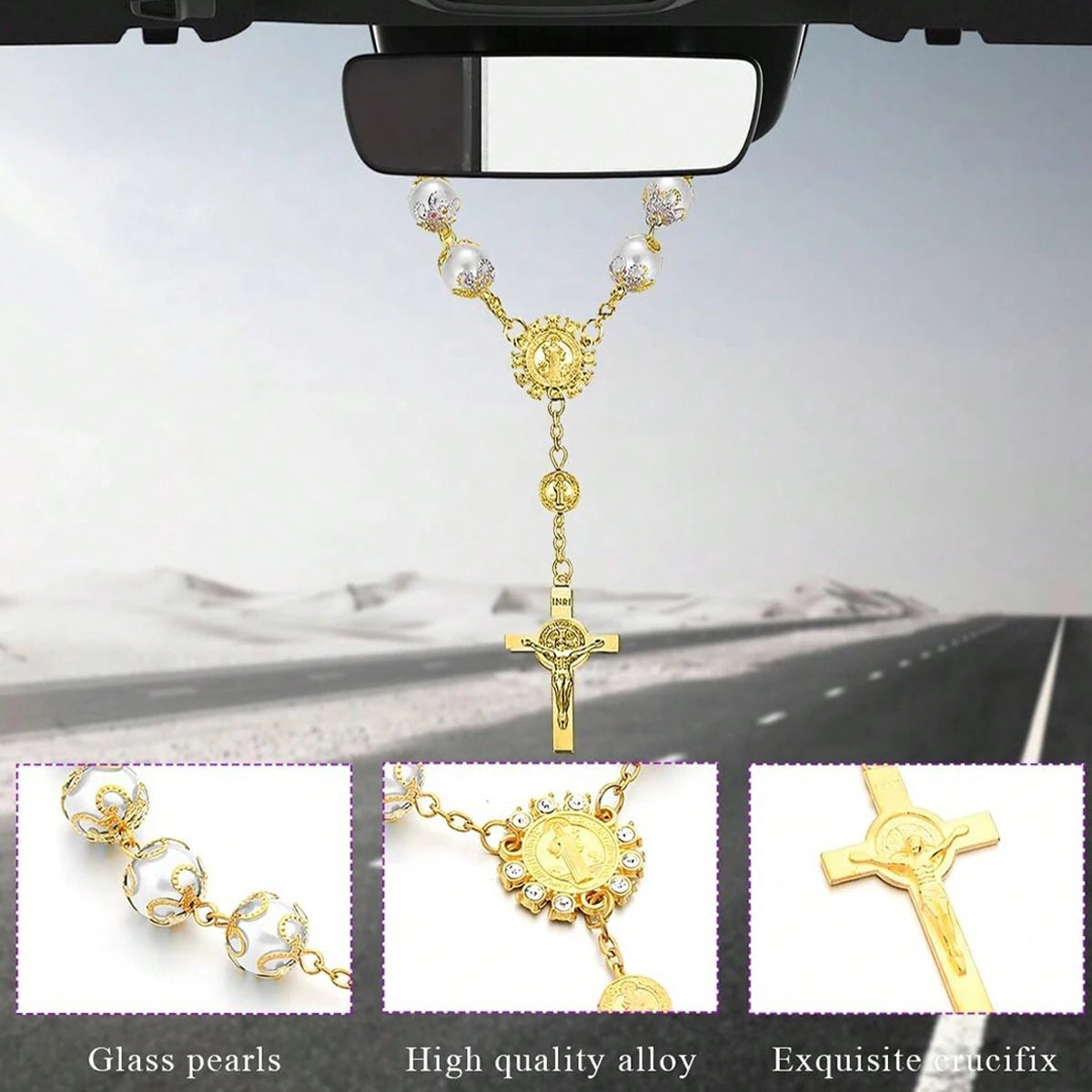 Cross pendant rosary necklace - religious style, stylish accessory for everyday decora close-up view