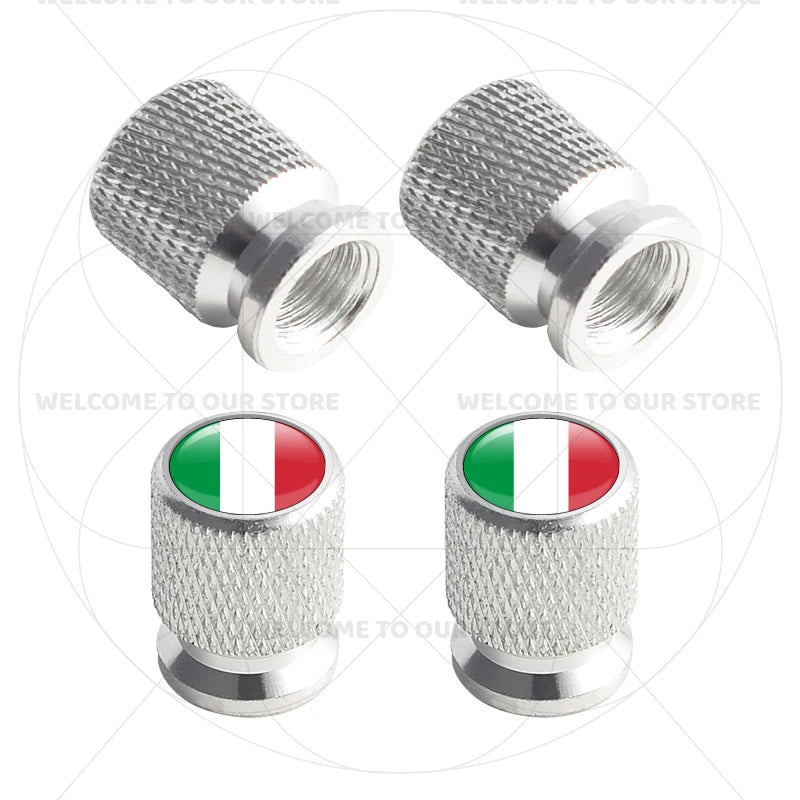 4Pcs Aluminum Motorcycle Car Tire Valve Caps with Germany France Italy Flag Emblems | close-up view