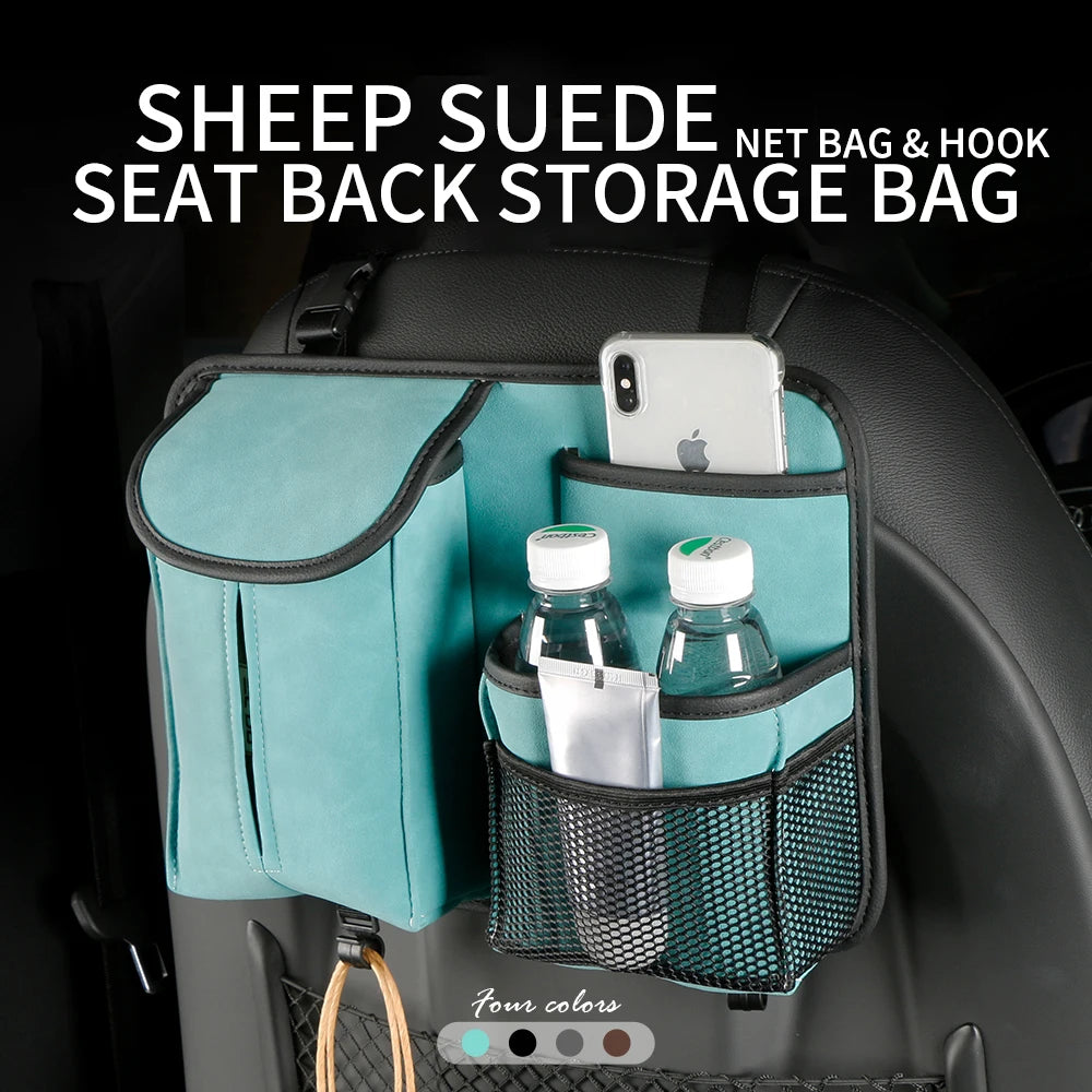 Car Backseat Organizer with Tissue Box – Multi-Pocket PU Leather Hanging Storage for Uni detail view