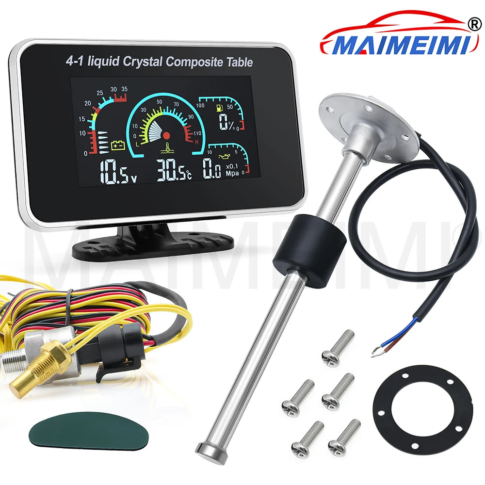 4 in 1 LCD Car Digital Gauge with Alarm | Water Temperature Oil Pressure Voltmeter Fuel Gauge