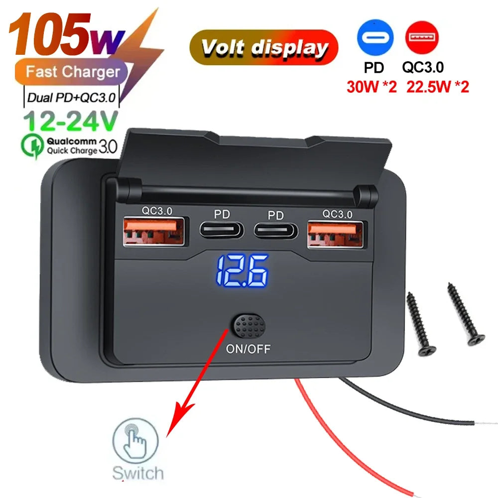 Car Charger Socket Adapter with Switch 2/4 Ports 12V 24V PD QC3.0 Charging Splitter Outlet for Bus R