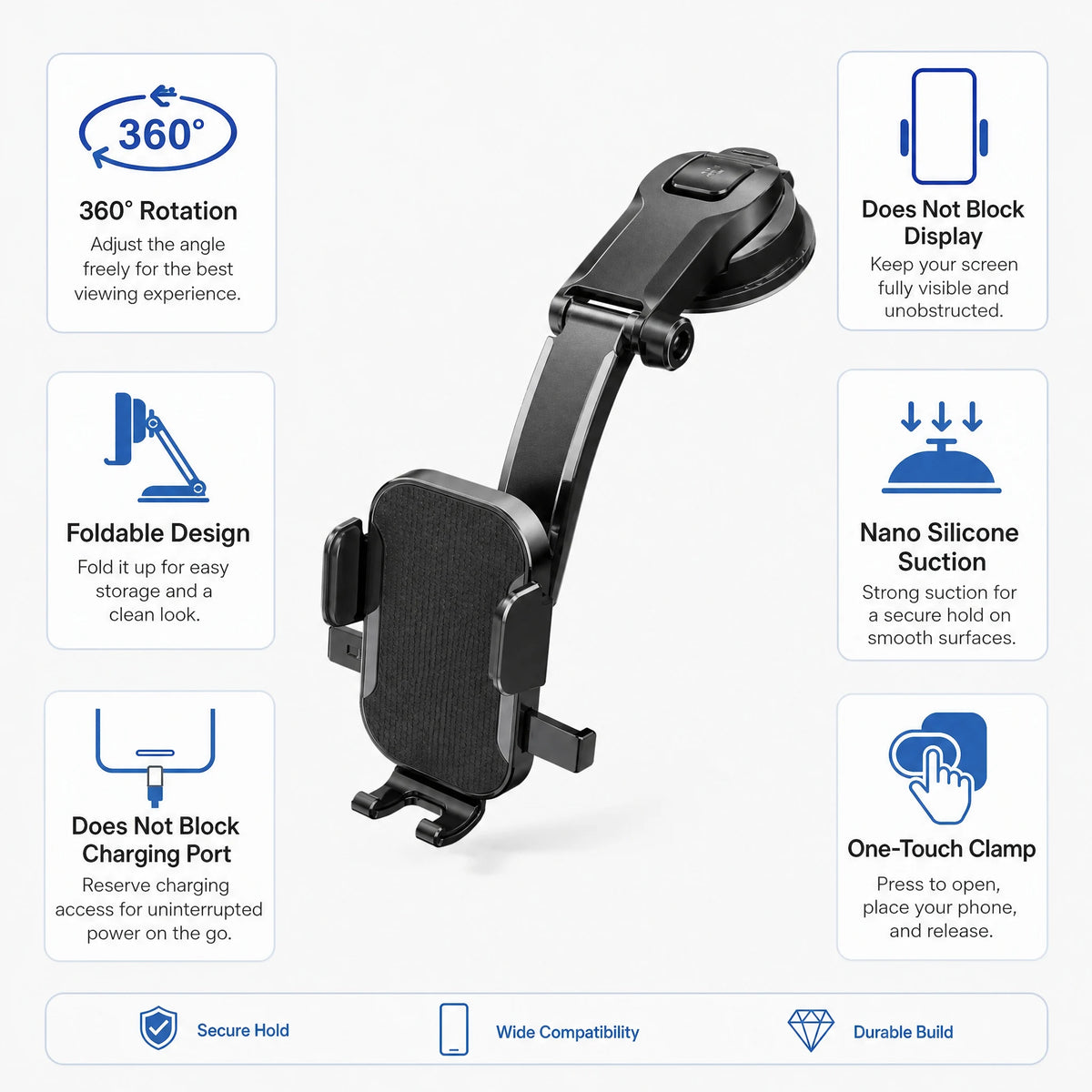 Car Phone Holder – Nano Flexible Silicone, 360° Rotation, Doesn't Block Screen, Compat close-up view