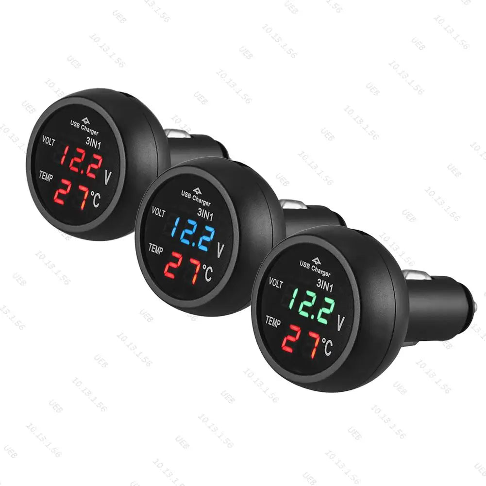 3 in 1 Car LED Digital Voltmeter Gauge Thermometer USB Charger | 12V/24V Dual USB P additional angle