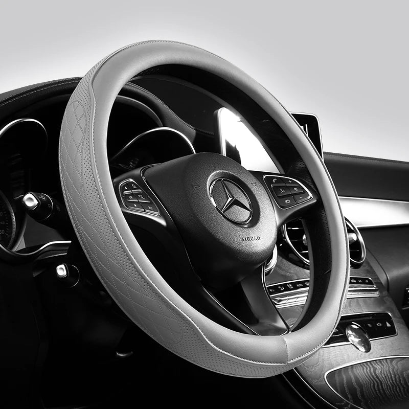 Napa Leather Perforated Patchwork Car Steering Wheel Cover, Non-slip, Breathable, Fit lifestyle view