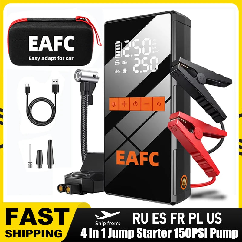 12V Car Jump Starter 4 In 1 Car Wireless Tire Inflator Pump Air Compressor Power Bank Potable Battery Starting Fast Charging