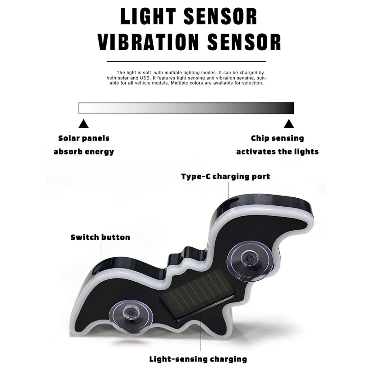 1X Solar Powered Car Neon Light Cool Bat-shaped Dynamic Atmosphere Light Wireless Led Su detail view