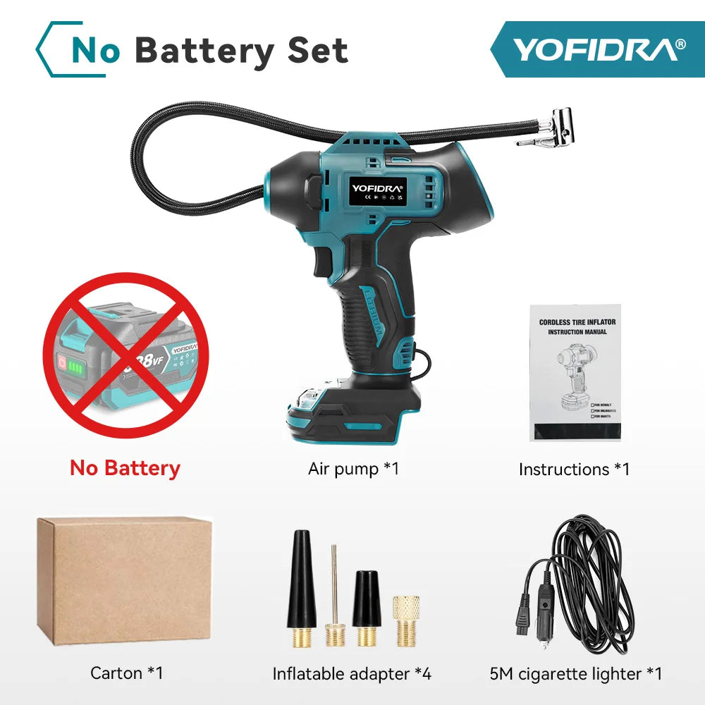 YOFIDRA Electric Air Pump Tire Inflator High Pressure Digital Display Multifunct Car Air Compressor Tool For Makita Battery Pin