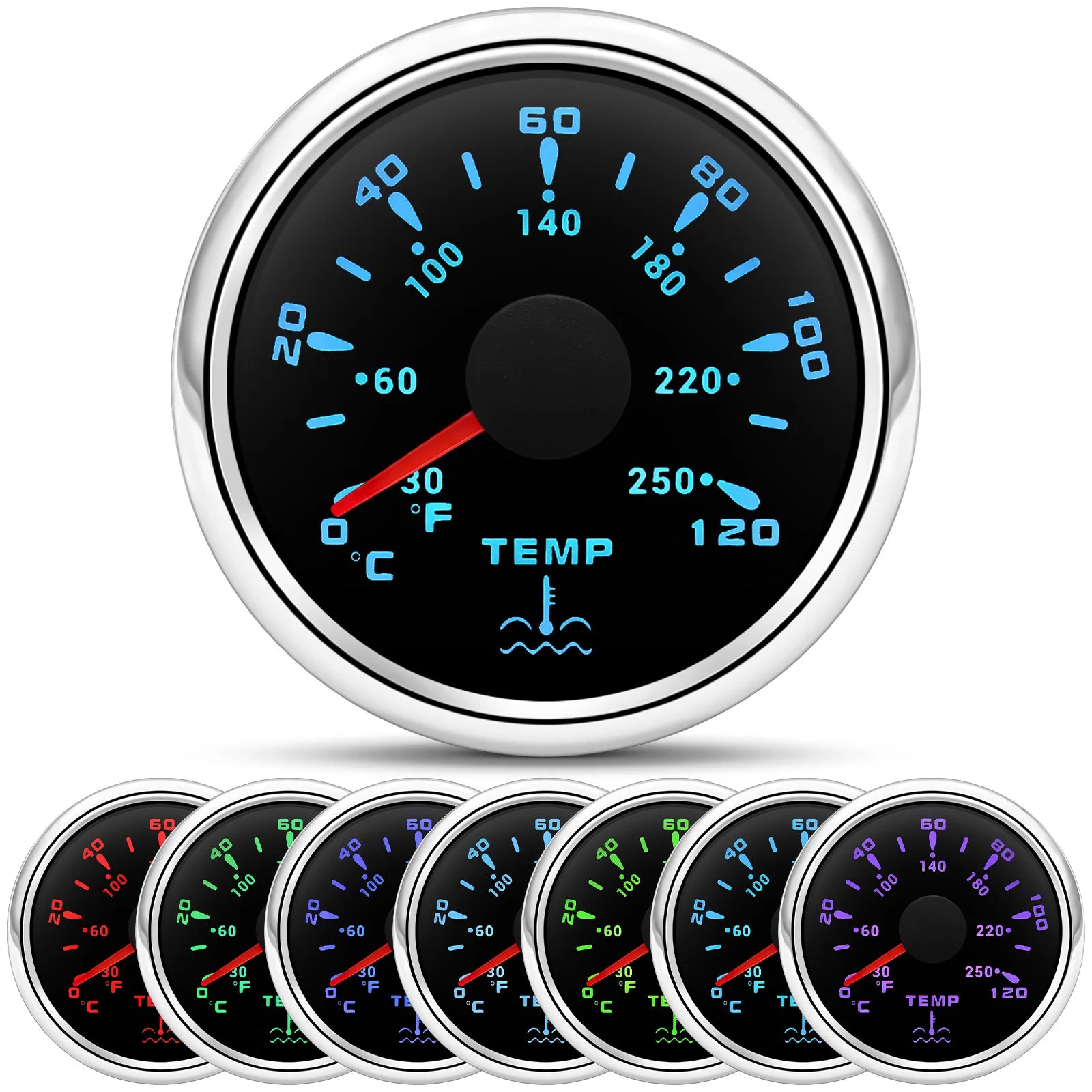 2" 52mm Water Temperature Gauge 0~120℃ 7 Color Backlight | Universal Marine Car Boa additional angle