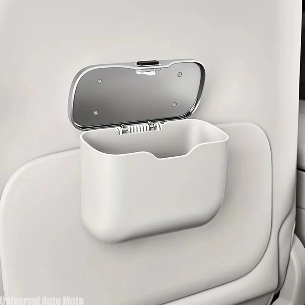Multifunctional Car Trash Can with Lid Button, Hanging Storage Bin close-up view