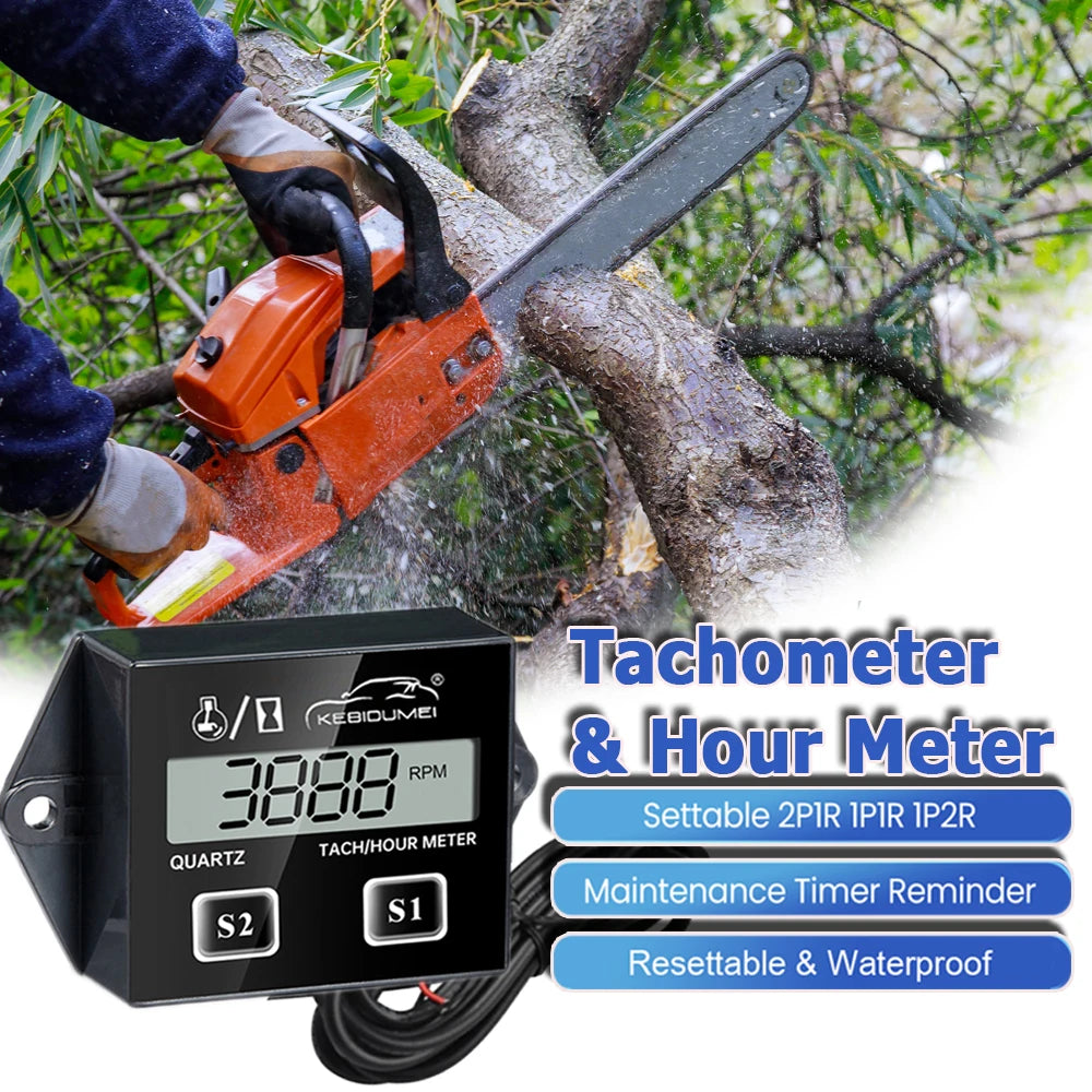 Digital LCD Tachometer Hour Meter | Engine Speed Gauge for 2/4 Stroke Motors