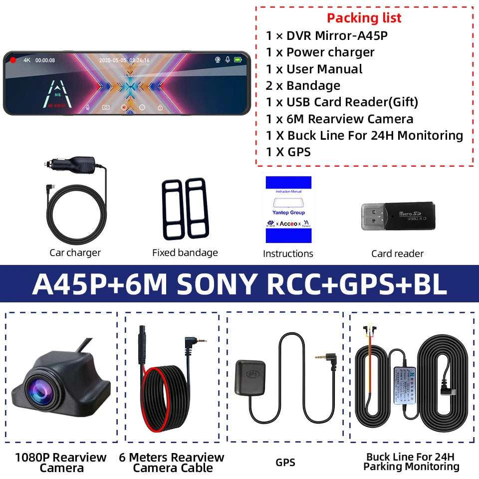 4K Rearview Mirror Dash Cam | 11.28" Touch Screen, Night Vision, GPS, Dual Lens detail view