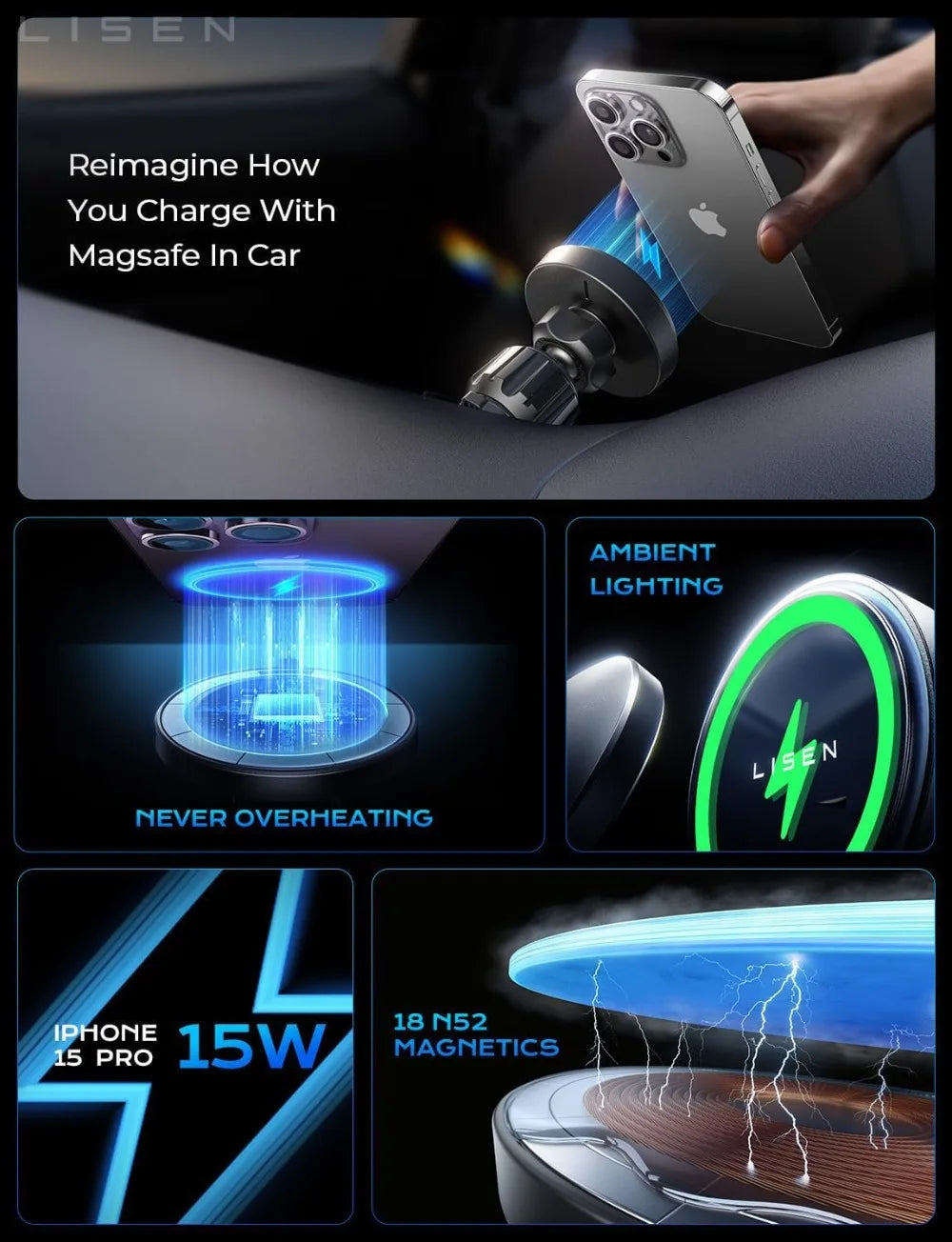 15W MagSafe Car Mount Charger, Magnetic Wireless Car Charger for iPhone 17-12, Samsung, Pixel, Car Phone Holder for Jeep Ford F150, Gifts