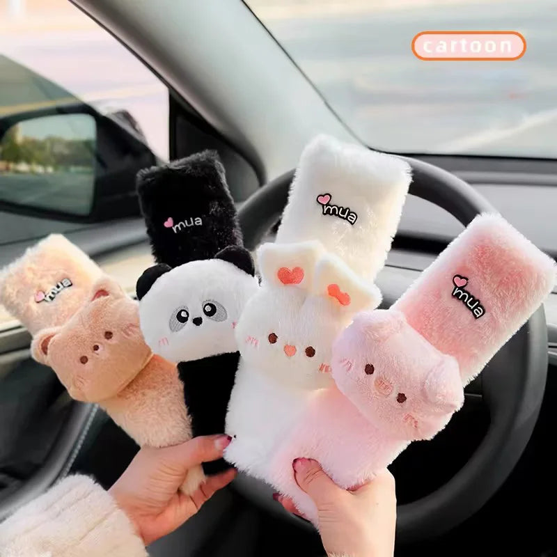 Cute Cartoon Bear Car Seat Belt Cover Imitation Rabbit Fur