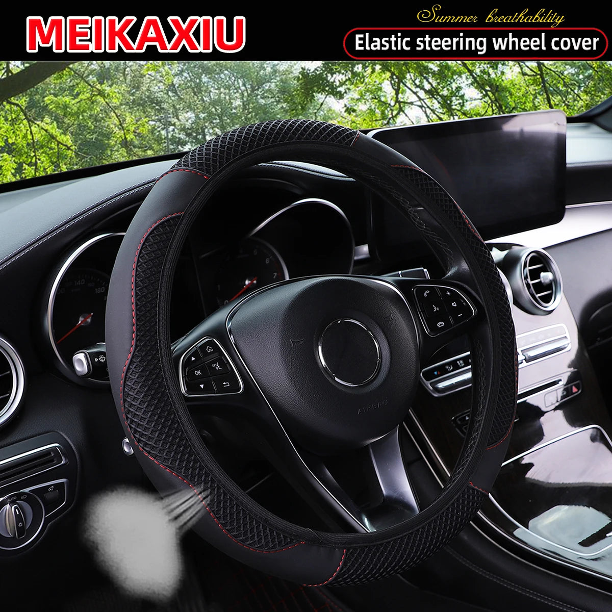 Women's PU Leather Breathable Steering Wheel Cover Car Accessory Suitable for 14.5-15 close-up view