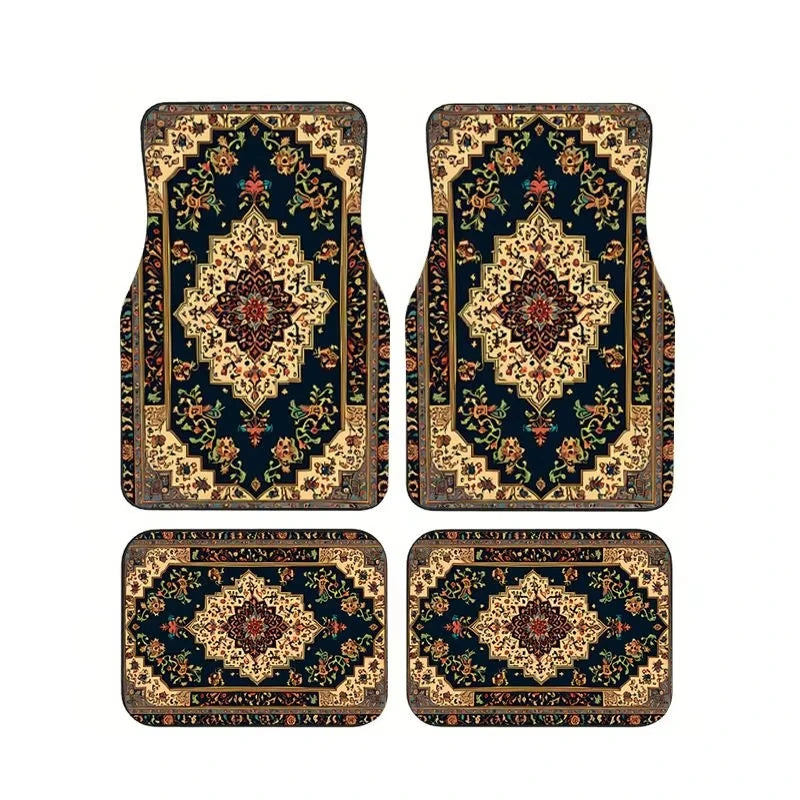 Red Bohemian Paisley Print Car Floor Mats 4Pcs Universal Anti-Slip Auto Carpet Interio close-up view