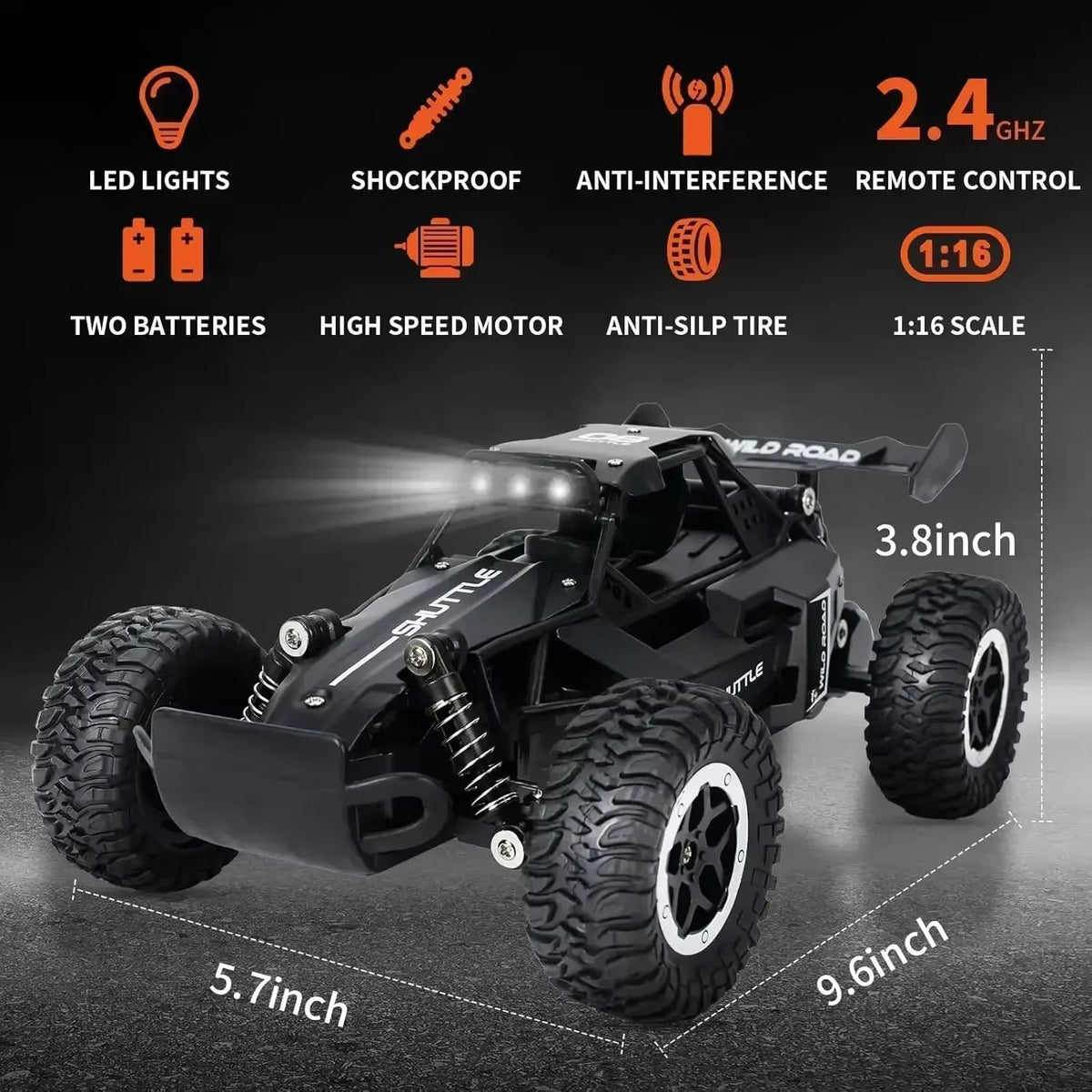 1:16 Scale Remote Control Monster Truck High Speeds 20KMH Off-Road RC Car with LED Light detail view