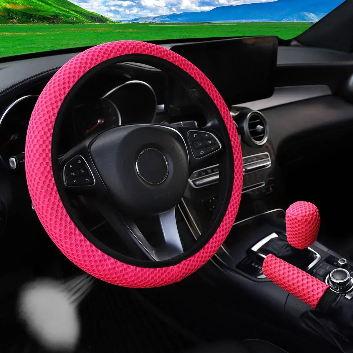 3 Car Massage Mesh Cloth Steering Wheel Cover Handbrake & Handle Cover Set Breathable lifestyle view