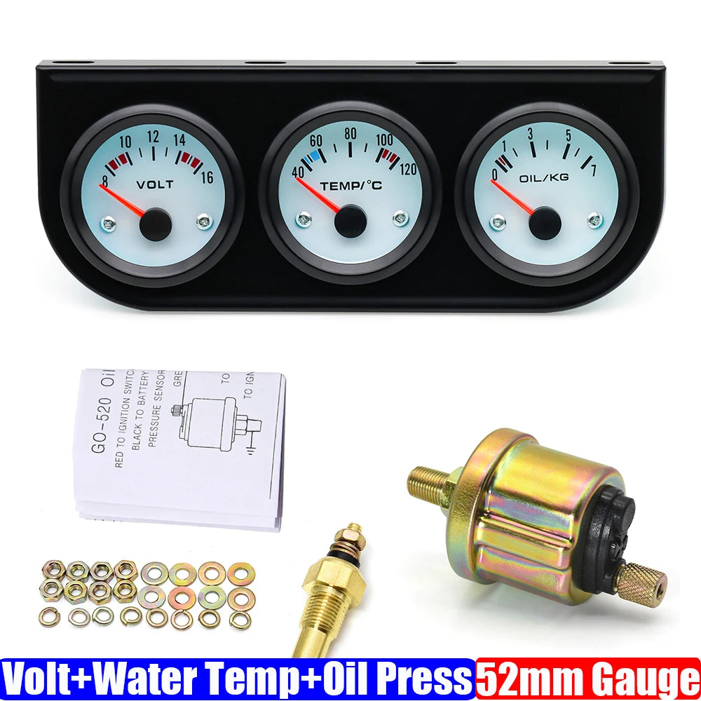 52mm Triple Gauge Kit 3 in 1 | Car Water Temp, Oil Pressure & Voltage Meter close-up view