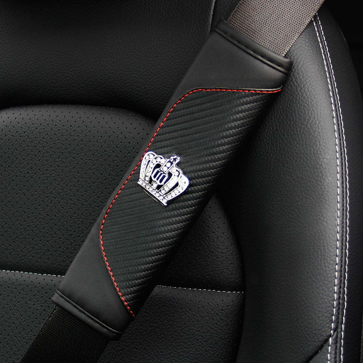 Diamond-Encrusted PU Carbon Fiber Leather Crown Car Shoulder Guard Safety Belt Decoration Set Luxury