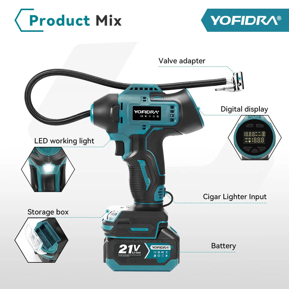 YOFIDRA Electric Air Pump Tire Inflator High Pressure Digital Display Multifunct Car Air Compressor Tool For Makita Battery Pin