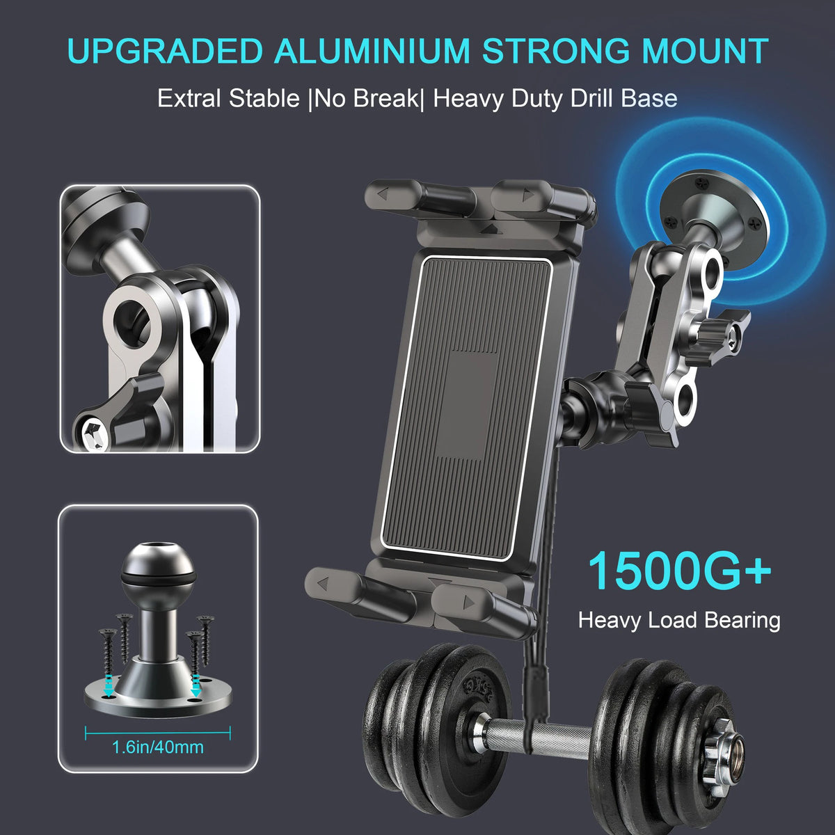 Aluminum Car Tablet Holder Dashboard Mount 360° Adjustable for 5-15" iPad close-up view