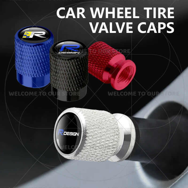 For Volvo R Design Emblem Aluminum Tire Valve Caps | 4-Pack Dust Covers