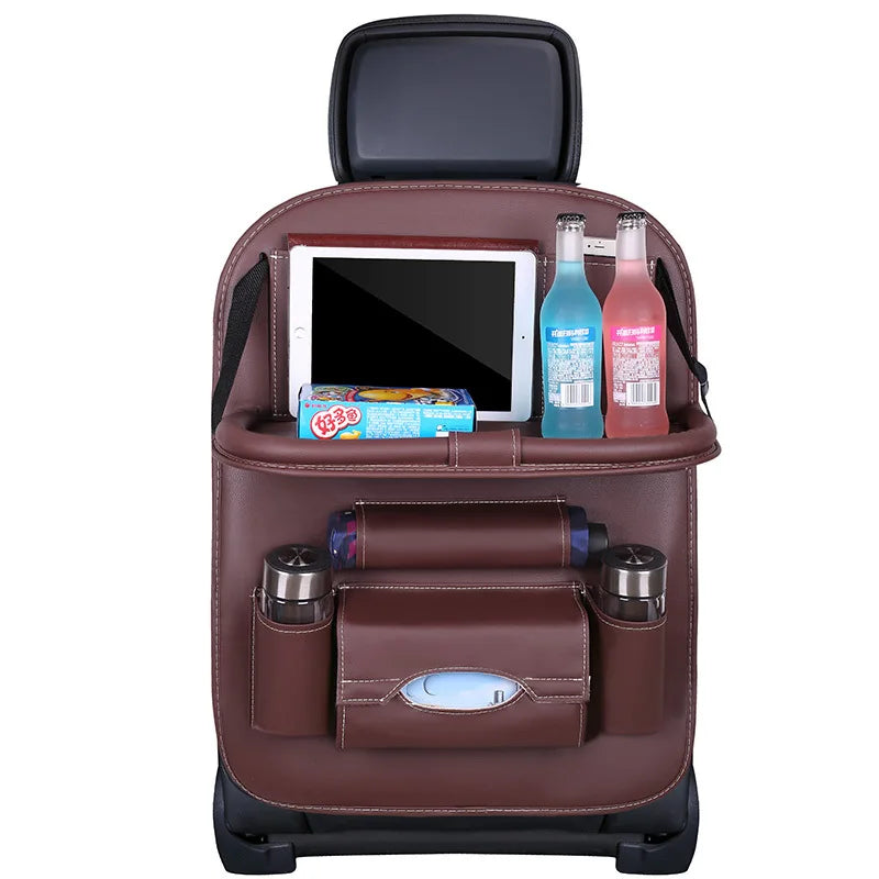 Car Seat Back Organizer PU Leather Foldable Table Tray with Storage Pockets And Kick M close-up view