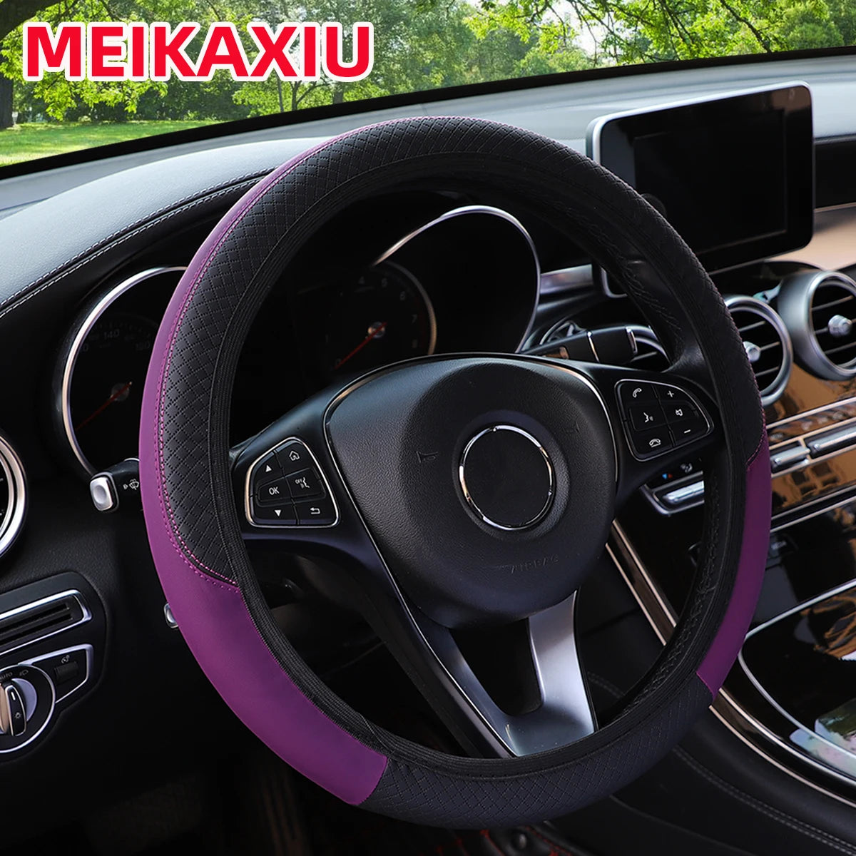 PU leather checkered embossed multi-color car rimless steering wheel cover suitable f alternate view